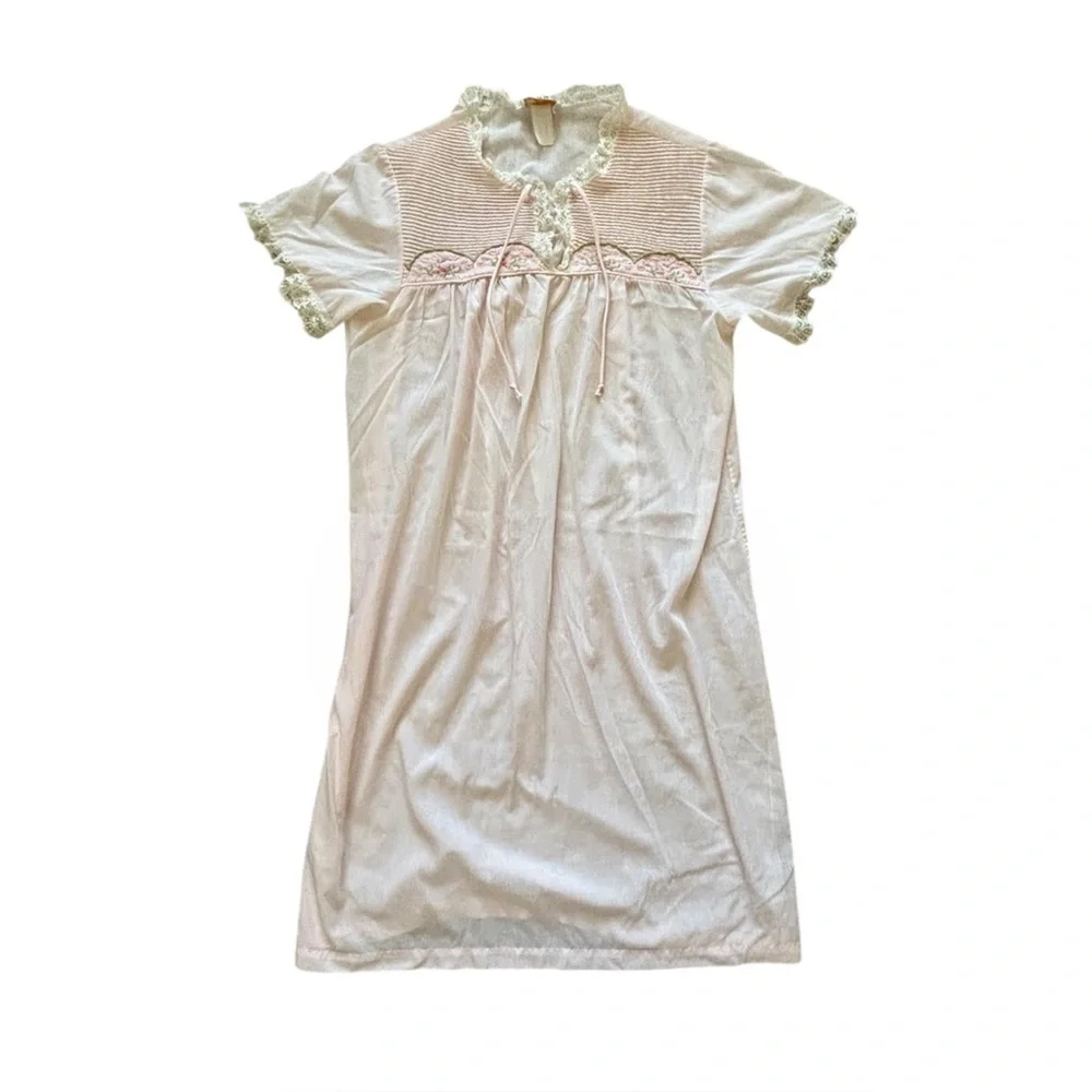 Vintage 70s Pink Cottagecore Lace Trim Shift Night Gown M - Picture 3 of 6